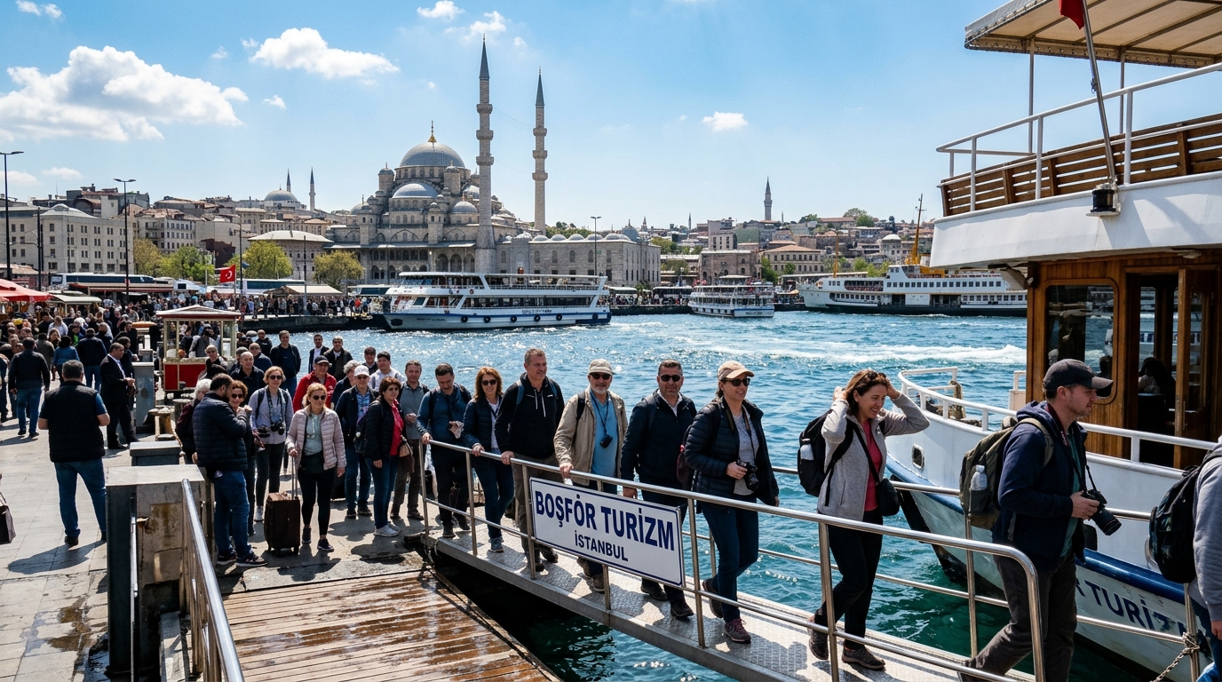 Passengers boarding a Bosphorus sightseeing tour boat at the Eminönü pier near the New Mosque in Istanbul