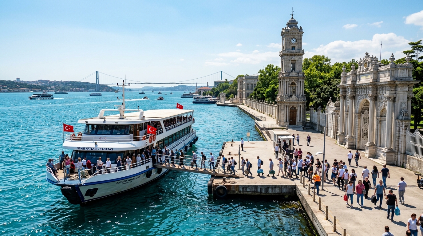 Bosphorus tour boat embarking passengers at the Kabataş pier with the Dolmabahçe Palace clock tower nearby