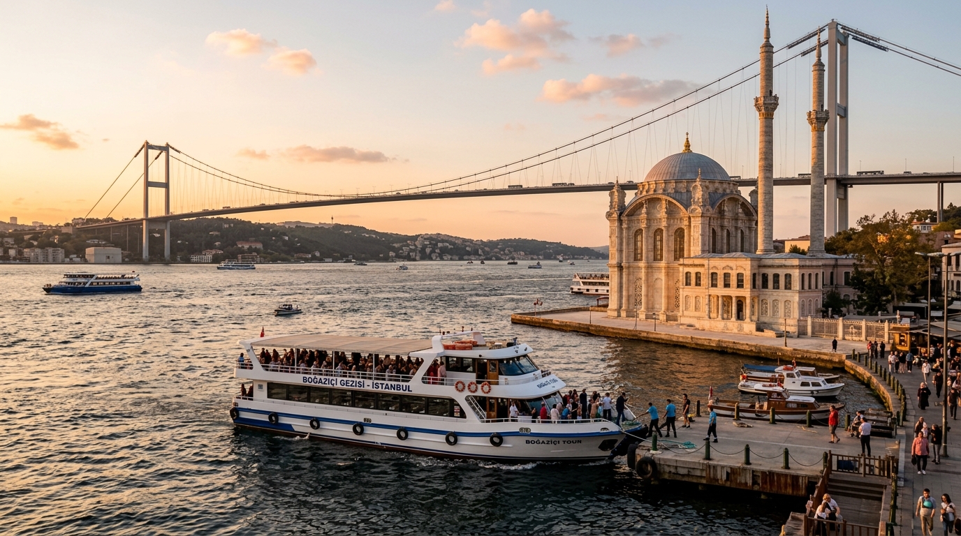 Bosphorus cruise boat arriving at Ortaköy dock beside the Ortaköy Mosque and illuminated Bosphorus Bridge